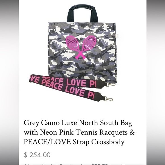 Green Camo Luxe North South Bag w/Neon Pink Tennis Racquets & Strap Crossbody - Picture 6 of 6